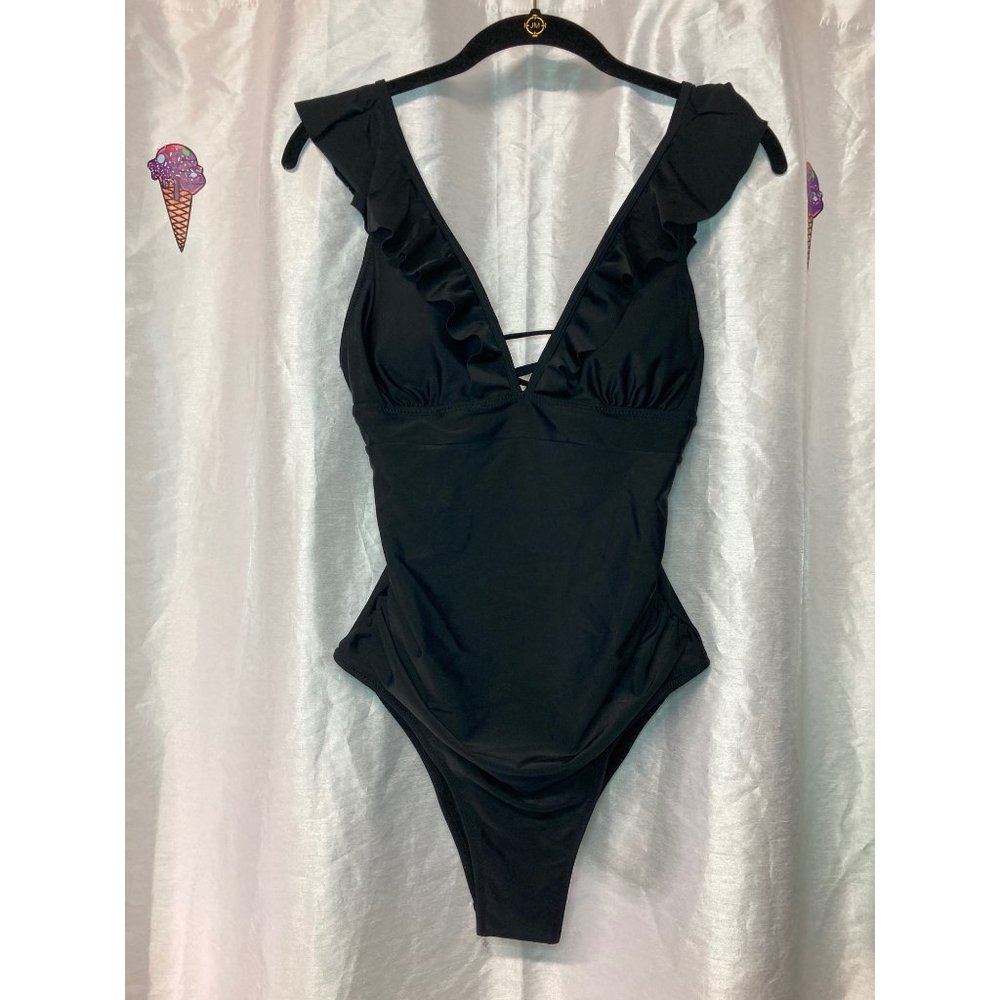 Felnart One Piece Swimsuit Ruffle Straps Ruched Front Adjustable Open Back